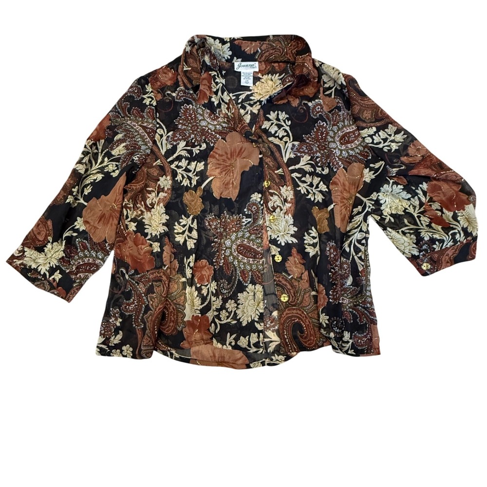 Joanna Floral Paisley Sheer Blouse Button Down Top Brown Black‎ Large